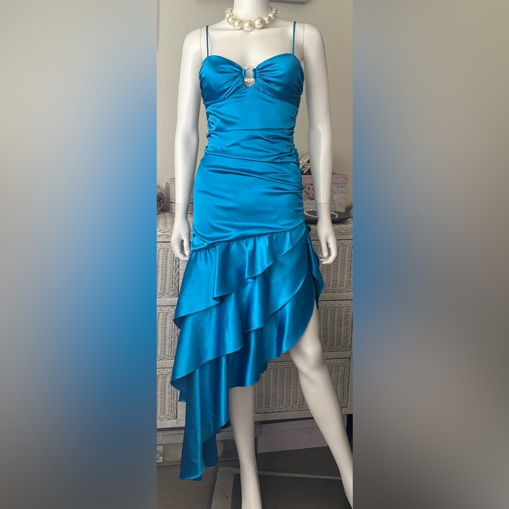 Vintage Y2K Cache Satin Rhinestone Dress Low Cut High Low Hem Blue Size
